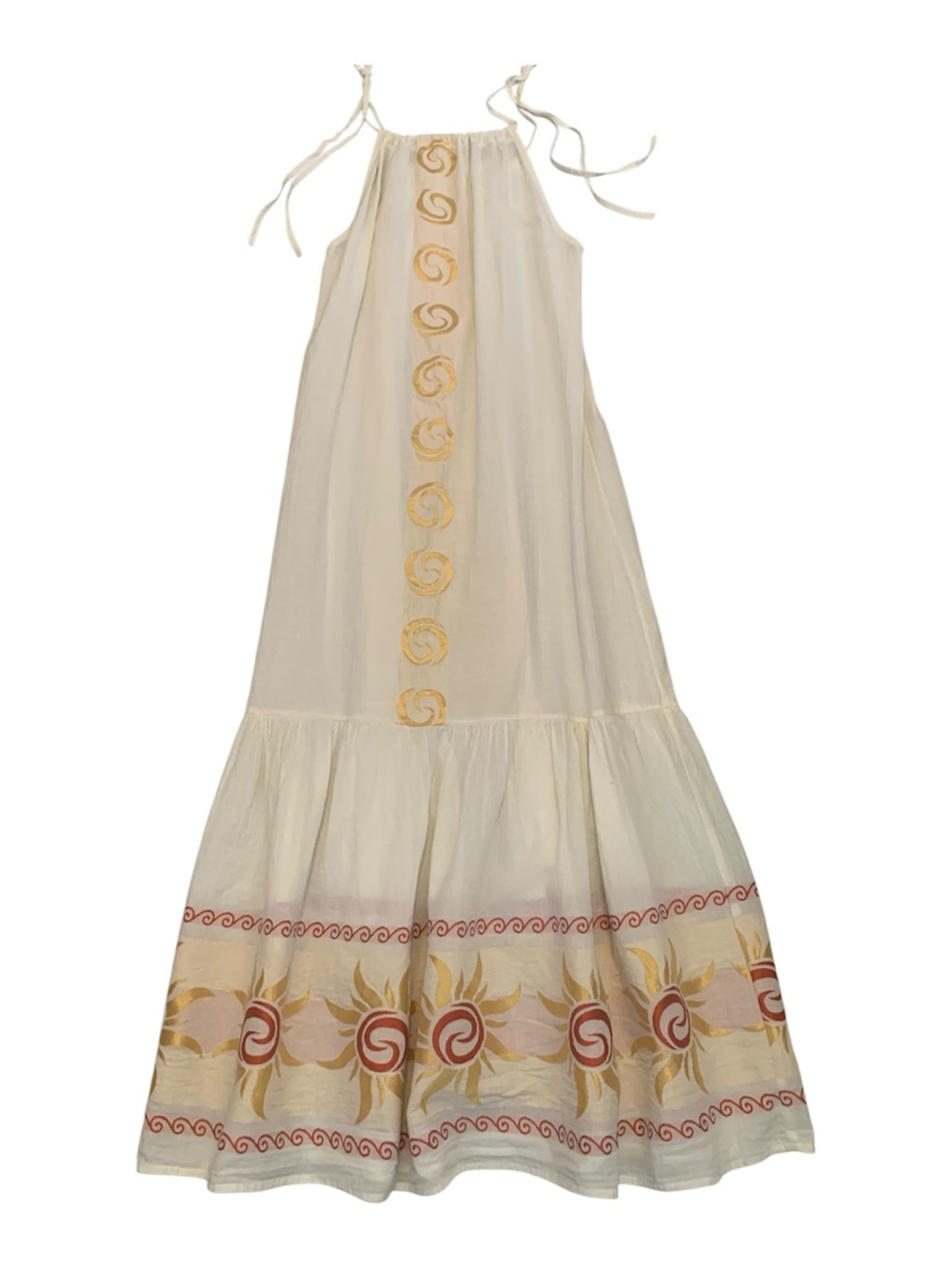 Devotion Twins Athens Embroidered Cotton Midi Dress | Sun Motif Boho Resort M/L - Picture 3 of 9